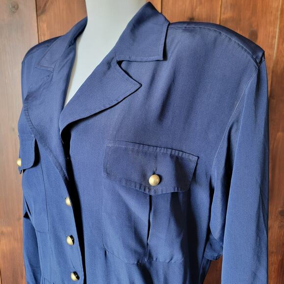 Vintage Liz Claiborne Blue Midi Dress Women 12 80s Power Style Shoulder Pads 90s - Picture 5 of 14